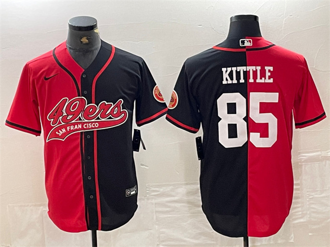 Men's San Francisco 49ers #85 George Kittle Red/Black Split With Patch Cool Base Stitched Baseball Jersey Men's San Francisco 49ers #85 George Kittle Red/Black Split With Patch Cool Base Stitched Baseball Jersey